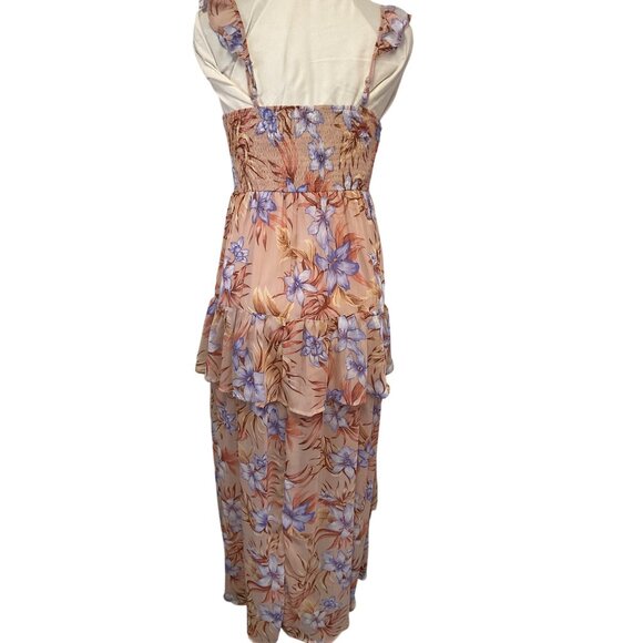 Privy Floral Print Tiered Romantic Dress Peach & Lavender Size M - Picture 4 of 7
